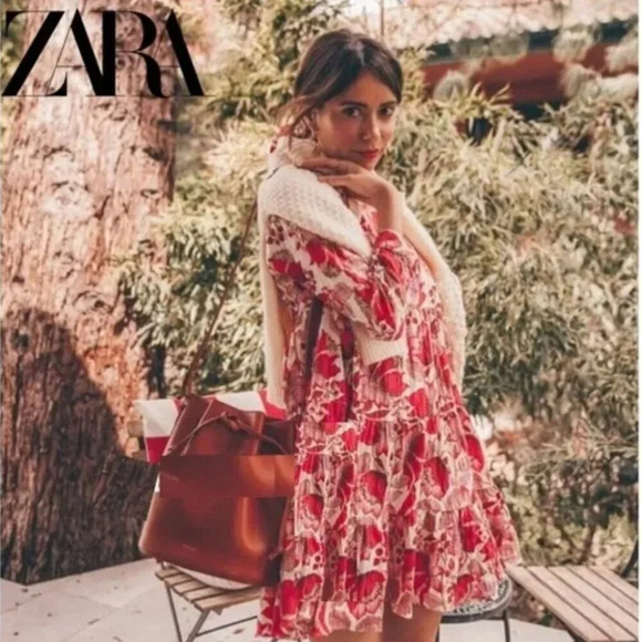 Zara Floral Tiered Babydoll 3/4 Sleeve Dress Red Pink Size XS - Picture 1 of 10